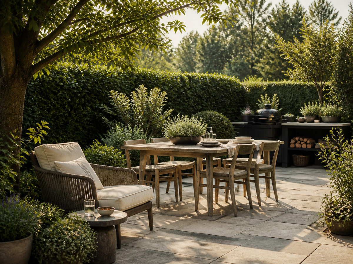 AVRIDEN Outdoor garden terrace with natural timber dining, relaxed seating and mature greenery