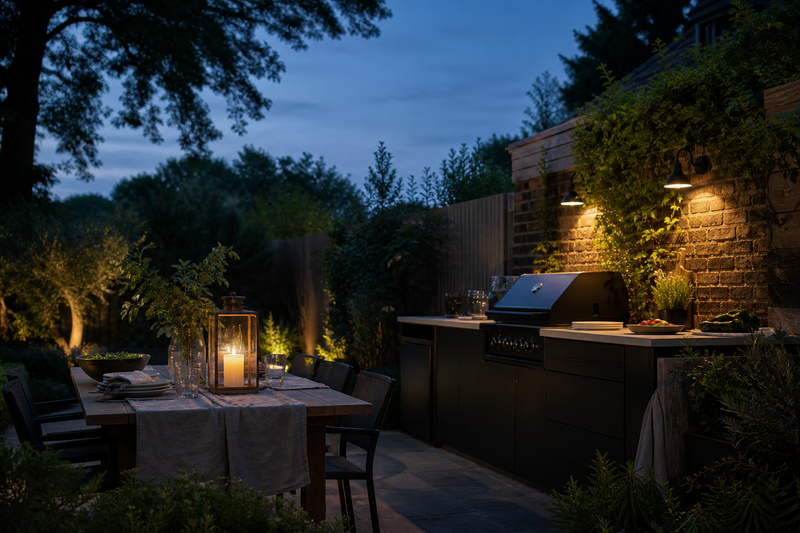 AVRIDEN Cook collection — realistic UK garden cooking and dining at blue hour