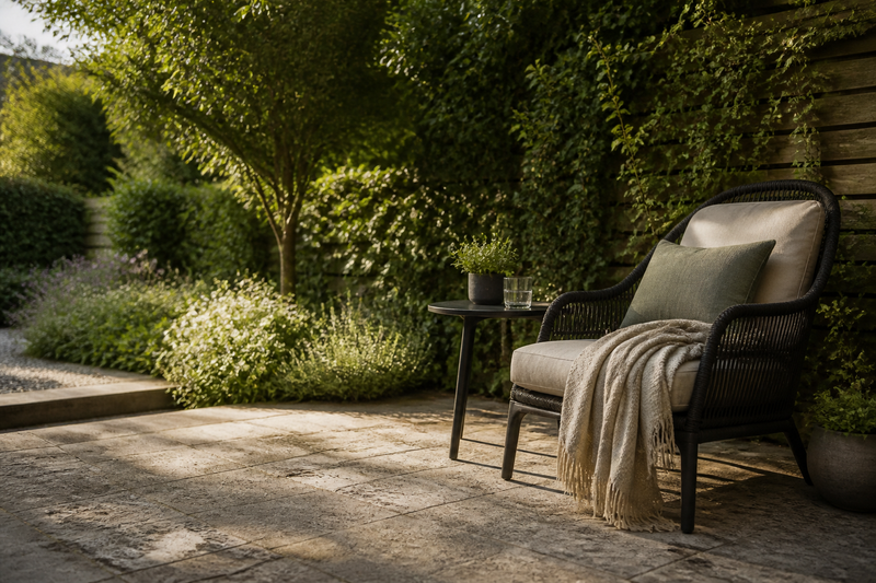 AVRIDEN Relax collection — calm outdoor seating in a mature UK garden