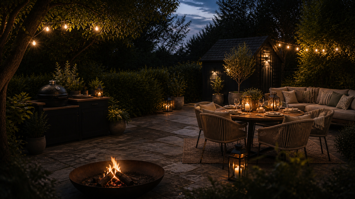 Realistic AVRIDEN Outdoor garden at blue hour with dining, lounge, charcoal cooking and fire bowl