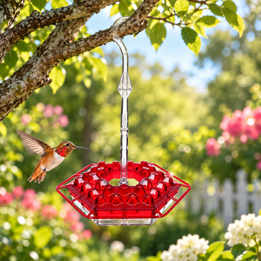 Hanging nectar feeder with ant guard